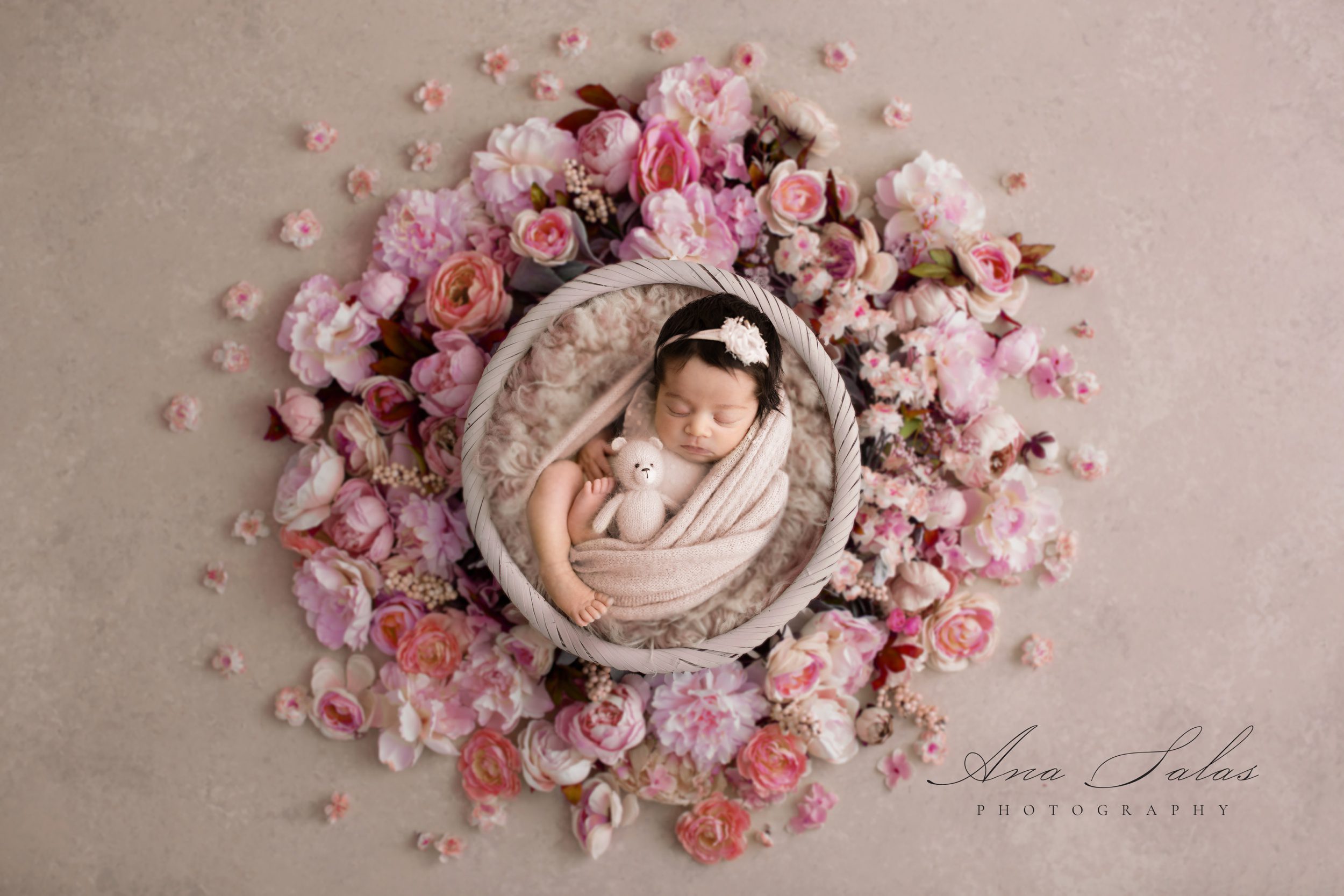 A newborn baby sleeps in a wicker basket in the center of pink flowers in a studio after meeting babysitters in edmonton