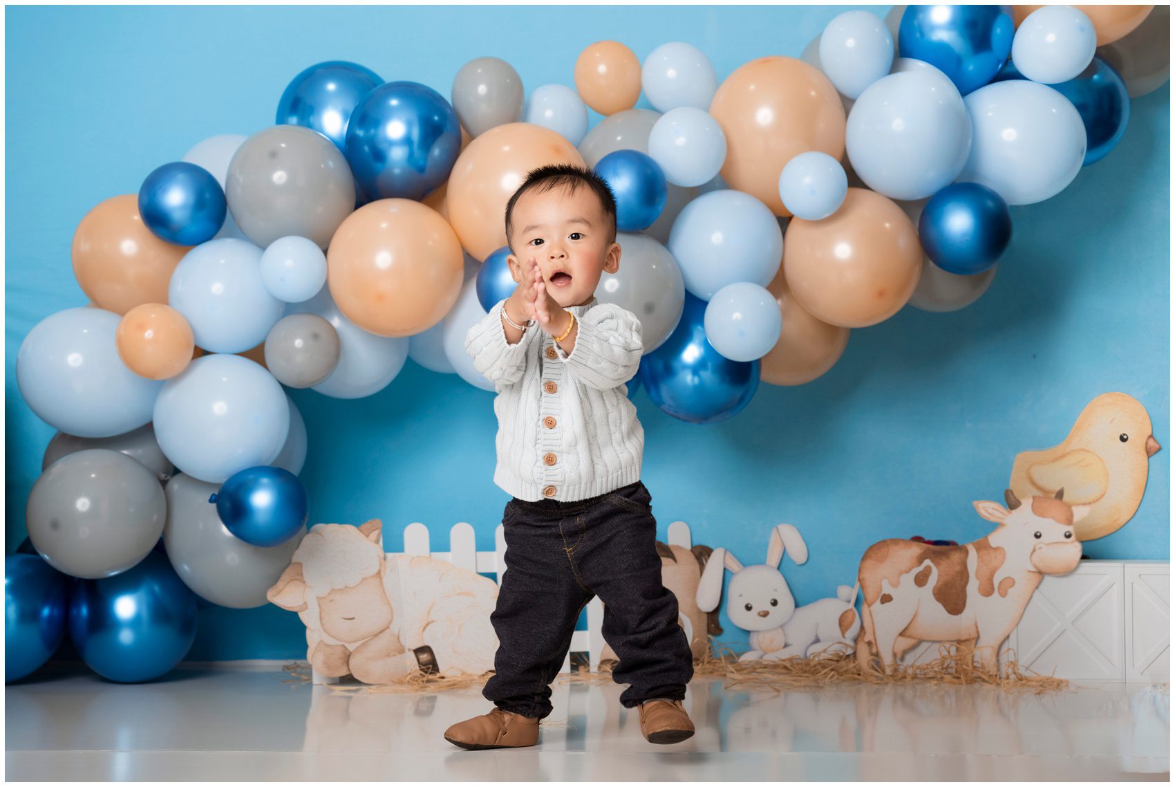 A toddler boy in a white sweater claps while standing in a farm animal themed studio before visiting edmonton toy stores