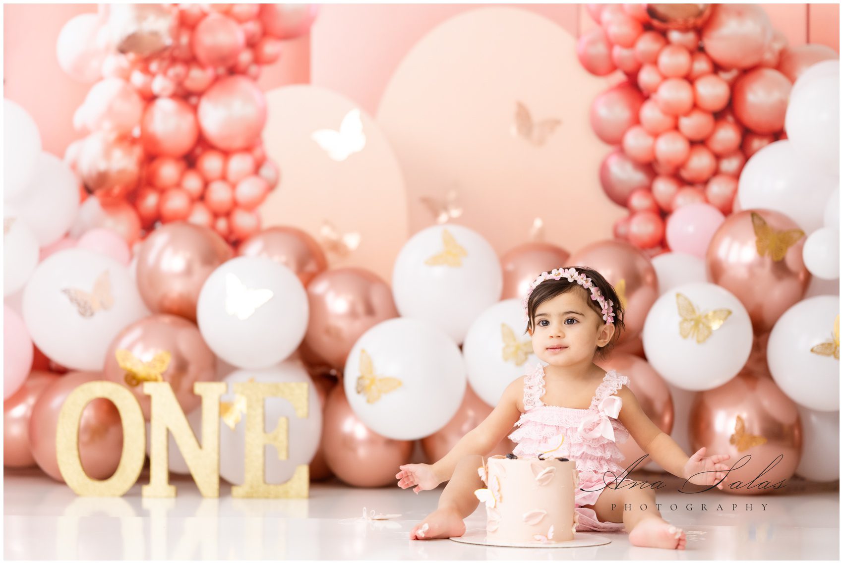 A happy toddler girl in a pink dress sits in a studio with a butterfly smash cake