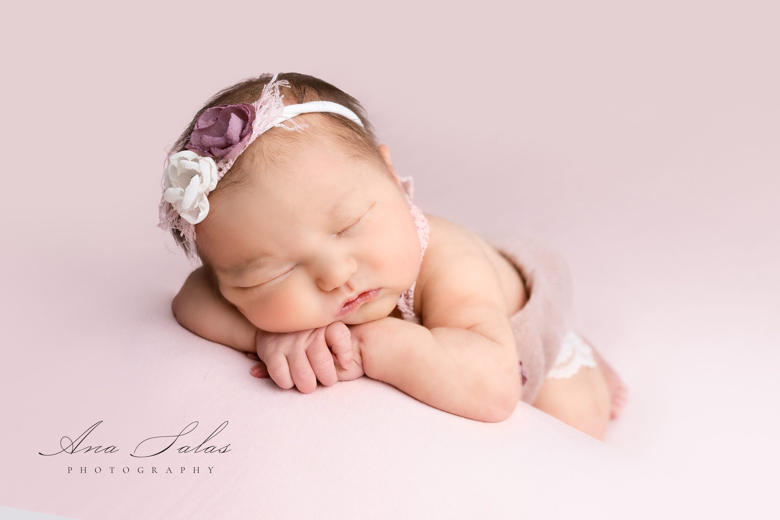 A newborn baby girl sleeps on her hands on her tummy in a purple floral headband after visiting tiny hoppers edmonton